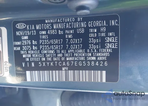 2014 Kia Sorento Lx z USA, uszkodzony, nr VIN 5XYKTCA67EG538426